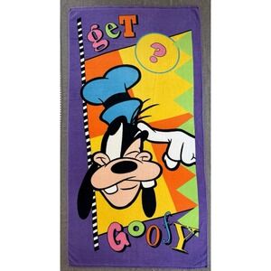 Vintage Disney Get Goofy Beach Towel Franco 30x60 Cotton Retro 1990s Y2K Purple